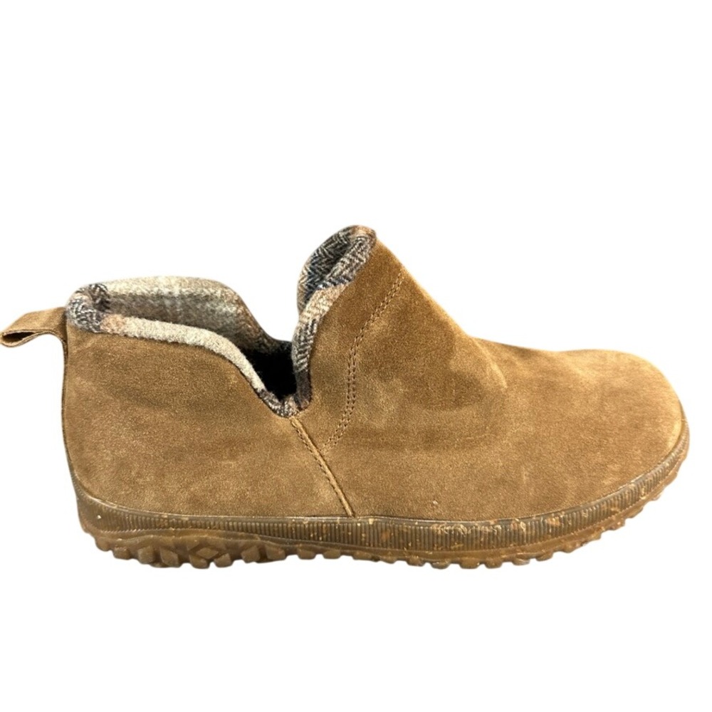 Minnetonka Brown Suede Plaid Fleece Lined Slip On Ankle Boots Womens 9M